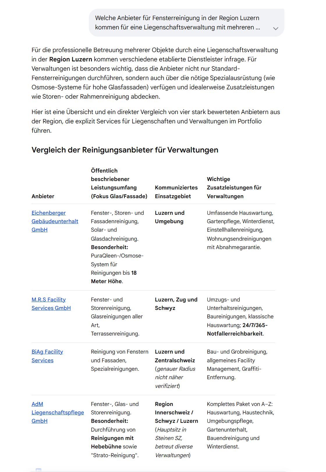 Bereitgestellter Google-KI-Modus-Ausschnitt eines Anbietervergleichs mit verlinkten Firmennamen und Angaben zu Leistungsumfang und Einsatzgebiet.