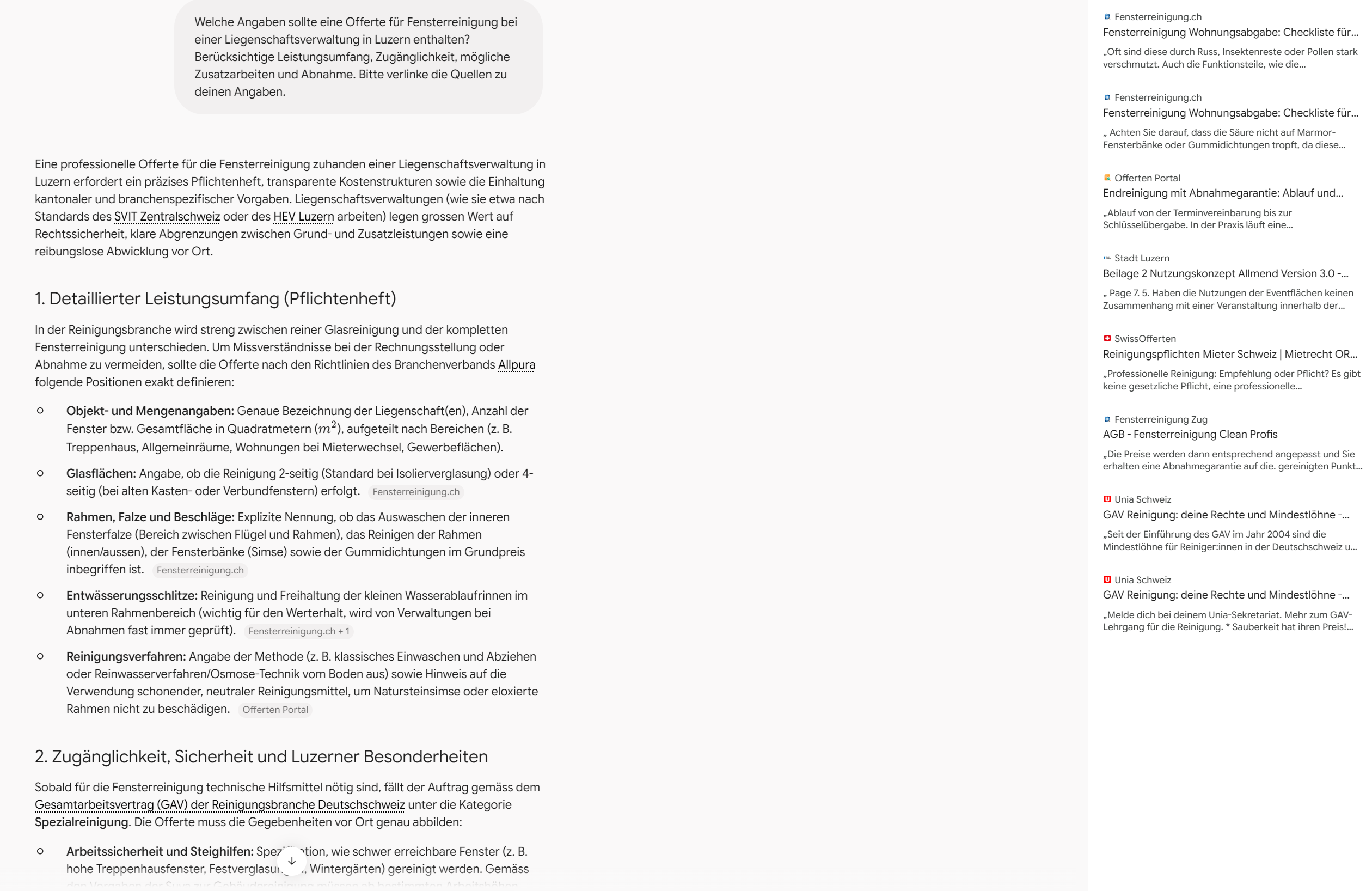 Bereitgestellter Gemini-Ausschnitt zur Offerte für Fensterreinigung: Antwort links, Quellenchips im Text und eine Liste von Quellen rechts.