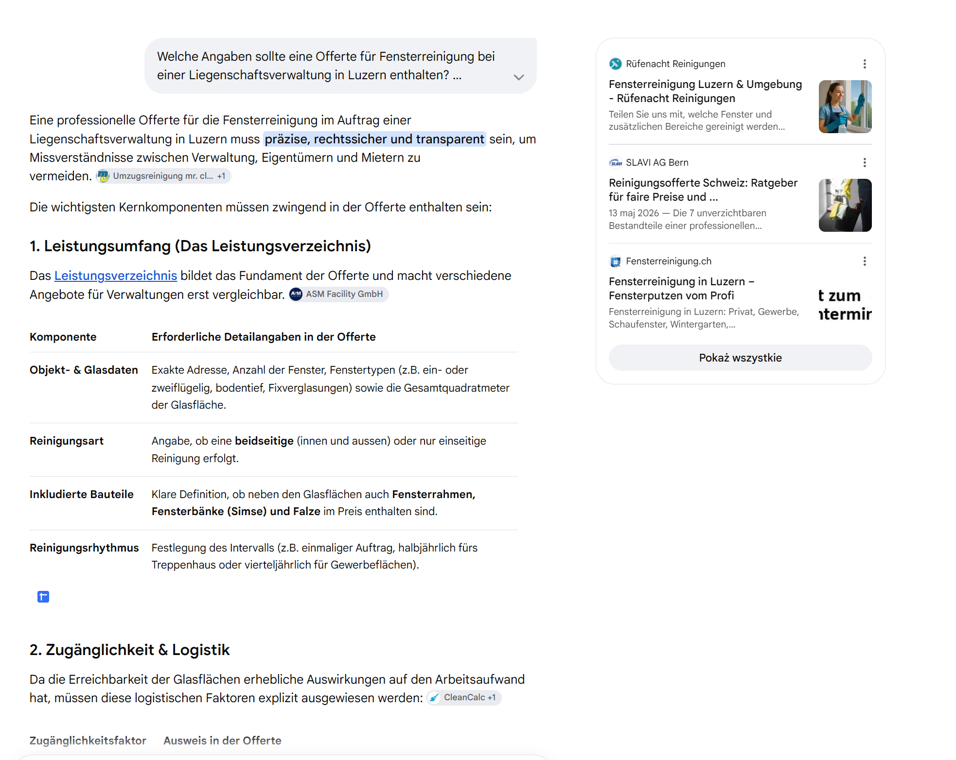 Bereitgestellter Google-KI-Modus-Ausschnitt zur gleichen Offertenfrage mit Antworttabelle, Quellenchips und Quellenkarten rechts.