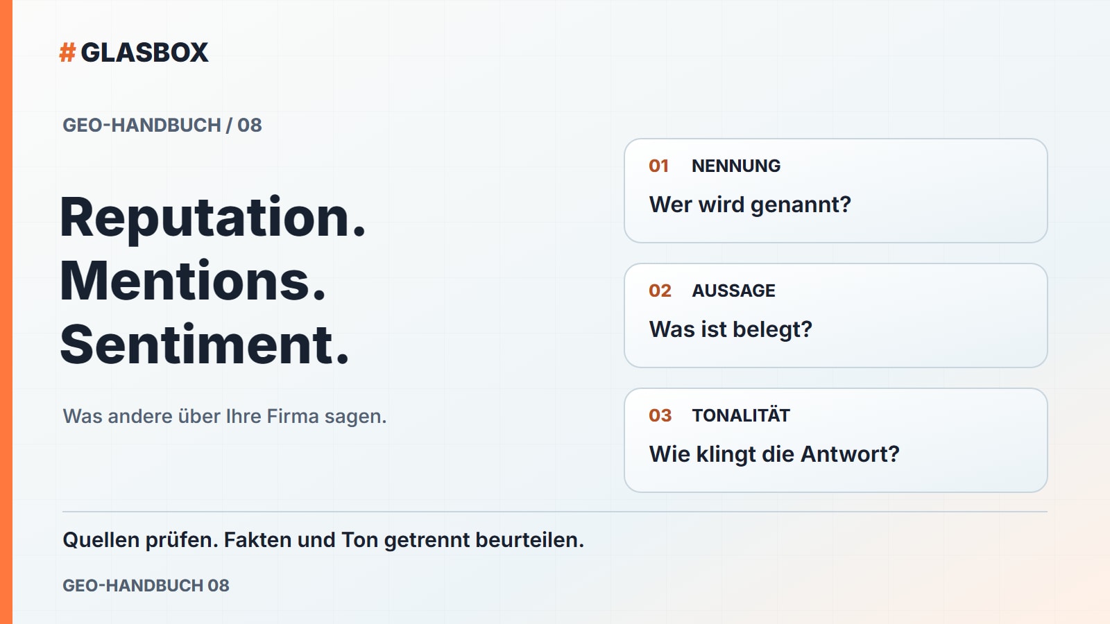 GEO-Handbuch 08: Reputation, Mentions und Sentiment — das Bild Ihrer Firma ausserhalb der eigenen Website.