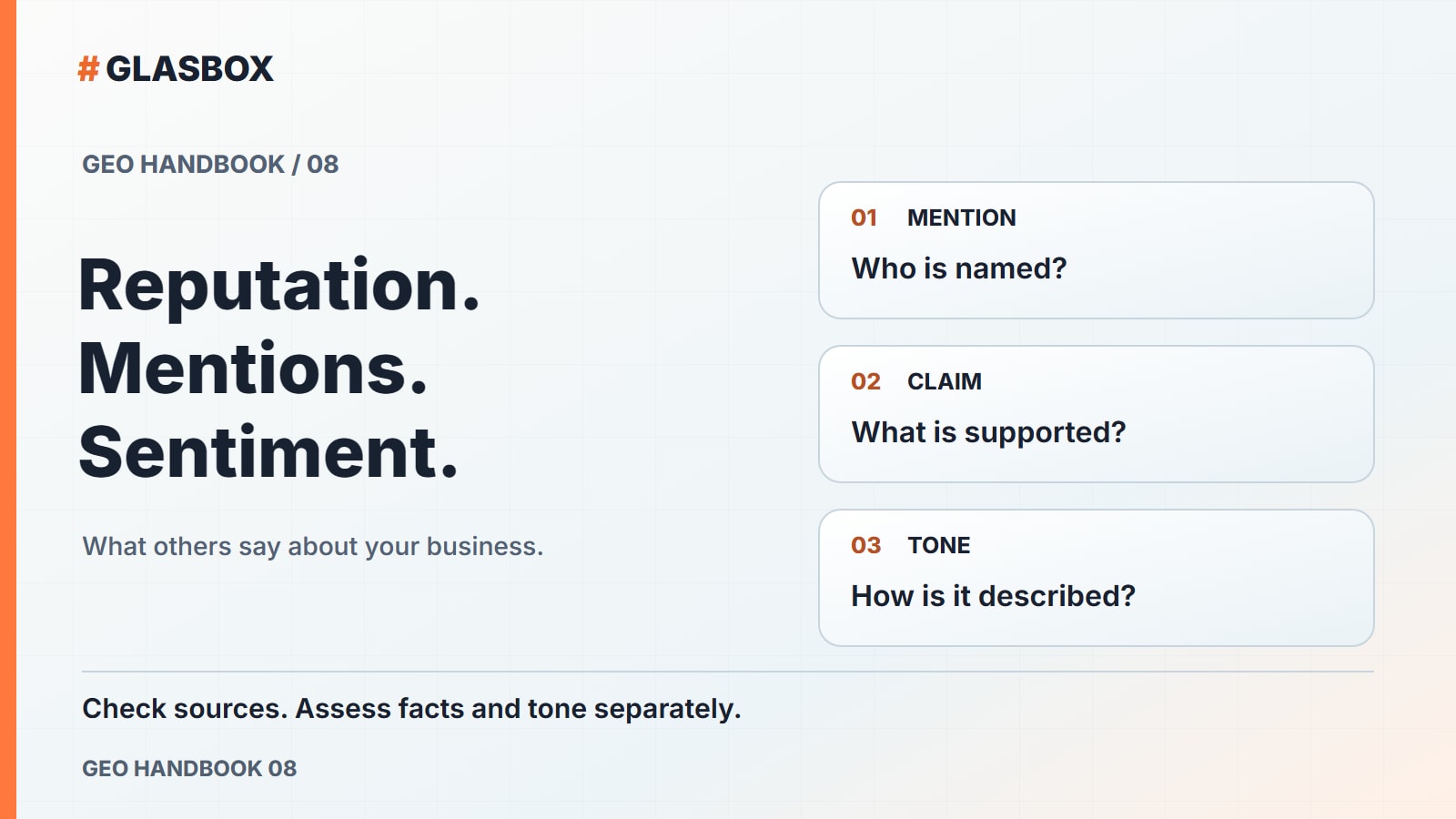 GEO Handbook 08: reputation, mentions and sentiment — your business beyond its own website.