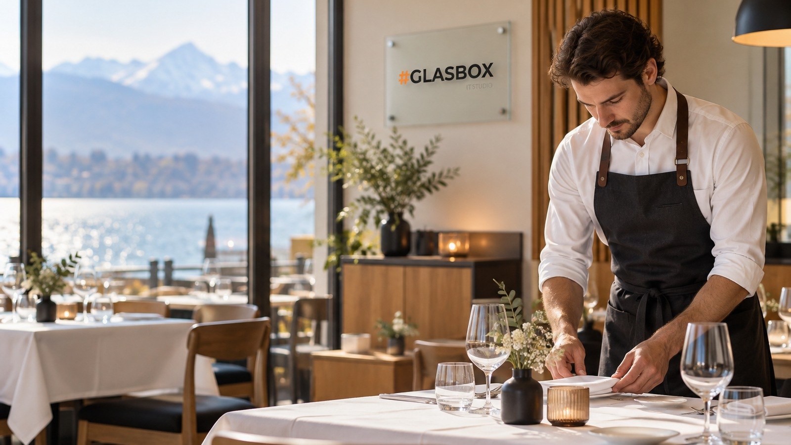 AI-generated editorial photograph of a waiter preparing a table in a modern restaurant by Lake Lucerne, with the GlasBox logo displayed on a glass plaque in the background.